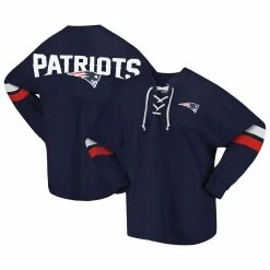 Best deal 🌟 Women's Fanatics Branded Navy New England Patriots Spirit Jersey Lace-Up V-Neck Long Sleeve T-Shirt ✔️