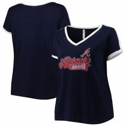 Cheap 🔔 Women's Soft As A Grape Navy Atlanta Braves Plus Size V-Neck T-Shirt 💯