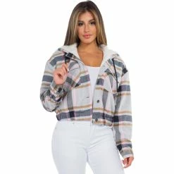 Wholesale 🥰 Ashley Juniors Flannel Plaid Crop Hoodie With Sherpa Lining 🎉