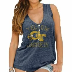 Discount π Women's Original Retro Brand Navy Georgia Tech Yellow Jackets Relaxed Henley V-Neck Tri-Blend Tank Top π