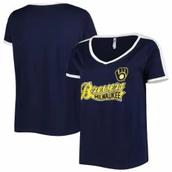 Budget ⌛ Women's Soft As A Grape Navy Milwaukee Brewers Plus Size V-Neck T-Shirt ✨